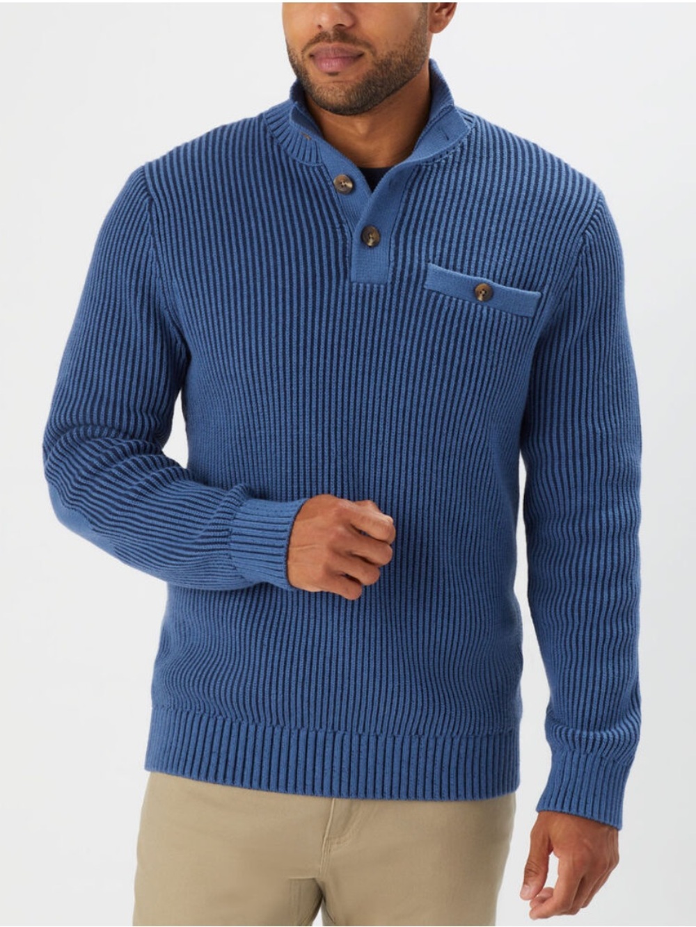 Duluth Trading Co Brigadier Button Mock Chunky Shaker Wool Sweater M Hefty Blue